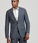 A slate gray wool-blend sport coat from Theory features a classic cut with modern appeal.