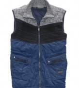 A color-blocked throwback to 70's skiwear, Sean John makes this vest modern with cable-knit details.