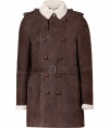 Invest in high style with this ultra-luxurious shearling trench from Burberry London - Cream shearling small spread collar, long sleeves with shearling cuffs, epaulets, double-breasted, front button placket, belted waist - Fitted silhouette - Pair with slim trousers or jeans and a cashmere pullover