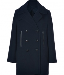 Classic in navy wool twill with sleek black leather-like trim, Vanessa Brunos double-breasted coat counts as a must for timeless-modern looks - Notched collar with buttoned latch, long sleeves, black trimmed zippered front slit pockets, woven-effect double-breasted button closures, side slit pockets, lined sleeves - Straight silhouette - Wear with everything from jeans and ballerinas to leather leggings and statement booties