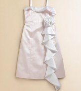 This beautiful, satin, pastel-hued frock with rosette and ruffle detail is extra special for every fancy occasion.SquareneckSleevelessSide zipperBack vented hemPolyesterDry cleanMade in the USA of imported fabric