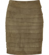 Luxurious skirt made of fine, vintage green suede - Especially light, soft and pliable material (goat suede) - Mega comfy, follows your every movement - Fashionable tiered draping - The skirt has a classic pencil cut, slim and thigh length - An awesome new basic that works for several seasons - Depending on the style, looks romantic and hippie-like (e.g.,with a tunic blouse) or elegant and ladylike (e.g., with a white blouse, blazer) - Wear for day or evening