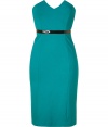 From dinner dates to city cocktails, Catherine Malandrinos turquoise strapless dress cuts a stunning feminine figure - Strapless with a soft V-neckline, edgy black vinyl waistband, exposed metal back zip, kick pleat - Form-fitting - Team with heels and a statement clutch