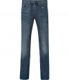 These stylishly distressed jeans from J Brand are a must-have casual staple - Classic five-pocket styling, whiskering and fading, straight leg, indigo denim wash - Style with a graphic tee or a long sleeve henley, a biker jacket, and boots