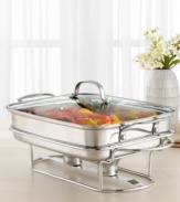 Now that's entertaining! Elegant and modern, this sleek buffet server lets guests help themselves, keeping food warm with 18/10 stainless steel construction and an aluminum-encapsulated bottom for fast and even heat distribution. Bring the pan directly from the oven or stovetop to buffet for a fresh, beautiful culinary display. Limited lifetime warranty.