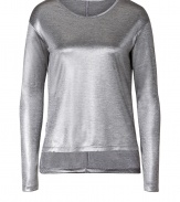 Add instant Downtown-ready cool to any look with this metallic top from J Brand - Round neck, long sleeves, asymmetric high-low hem - Loosely fitted - Style with skinny jeans, a distressed denim vest, and ankle boots