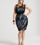 A layer of draped tulle lends a sultry feel to this alluring printed dress from Tadashi Shoji Plus.