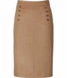 Luxurious skirt made ​.​.from a fine, camel wool and cashmere blend - A classic with the famous slenderizing pencil cut - Decorative button placket, slit pockets and stylish corset lacing at the hip - The skirt is cut slim and figure-enhancing and the hem ends at the knee - Center slit in back - An exclusive no-nonsense basic so versatile to combine - Perfect for the office with a blazer and blouse or for evening with a silk top and biker jacket