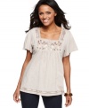 Style&co.'s embellished petite peasant tunic makes a pretty way to top off your favorite jeans and capris!