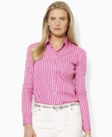 A feminine interpretation of classic menswear style, this petite Lauren by Ralph Lauren shirt is tailored for polished elegance in crisp cotton broadcloth with bright variegated stripes.