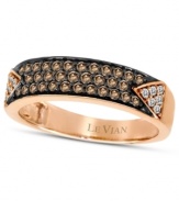 A sparkling sensation. Pave-set round-cut chocolate diamonds (1/3 ct. t.w.) create a three-row design, while round-cut white diamonds (1/10 ct. t.w.) decorate the corners. Ring crafted in 14k rose gold band; by Le Vian.