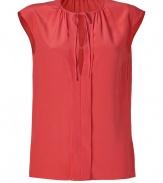 Perfect for both dressing up and down, Josephs radiant coral crepe de chine silk top is a sleek choice with endless wearing possibilities - Round neckline with tie and pleating detail, sleeveless, slit front, layered front panel, side slits - Loose fit - Wear with a pencil skirt and heels, or with favorite skinnies and flats