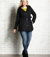 Looking cute in the cold is a cinch with Dollhouse's plus size single-breasted coat, featuring a belted waist.