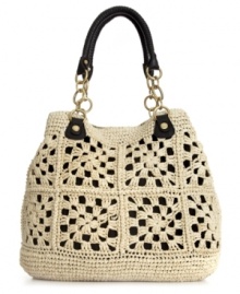 Escape the ordinary with this island-inspired style from Olivia + Joy. A crocheted straw exterior with contrast underlay is accented by chain detailed straps and a perfectly portable tote silhouette.