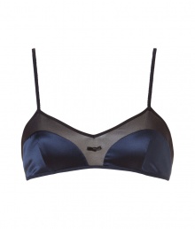 Stylish bralette in fine, navy silk and black silk chiffon - Wonderfully comfortable and pleasant on the skin, thanks to the stretch content - Elegant, unlined bralette style - With narrow, length-adjustable outer straps and hook closure - Perfect, snug fit - Shows off a dream d?collet? - Stylish, sexy, seductive - Fits under (almost) all outfits