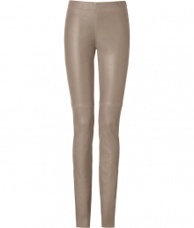 Elevate cool daytime looks with Josephs sleek stone stretch lambskin leggings - Elasticized waistband, pulls on - Extra form-fitting - Wear with an oversized silk shirt and sleek suede booties