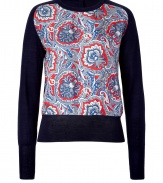 Your cold weather style is anything but dull with this chic printed pullover from Juicy Couture - Round neck, long sleeves, front floral print, slim fit, wide waistband and cuffs - Pair with skinny jeans, embellished ballet flats, and a trench