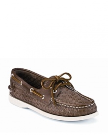 A classic boat shoe from Sperry Top-Sider, rendered in woven leather.