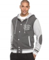 This sporty Rocawear hoodie offers the stylish swagger of a varsity jacket mixed with the coziness of a sweatshirt.