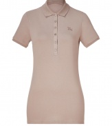 Luxe polo in fine, silver-beige cotton stretch blend - Traditional button down style with short, fitted sleeves and small collar - Embroidered logo at chest - New, lengthier cut is slim and hits below the hips - A dream basic as versatile as it is stylish - Pair with a blazer and leather pencil skirt or layer beneath a cardigan and wear with skinny jeans