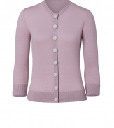 Button-up sweet sophistication in LWren Scotts impossibly feminine lavender cashmere shrunken cardigan - Rounded neckline, 3/4 sleeves, fine ribbed trim, grey velvet button-down front - Feminine slim fit - Team with sleek separates for work, or dress up with pretty cocktail dresses and a dusting of sparkly fine jewelry