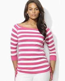 Bold stripes grace the front of a three quarter sleeve tee, crafted with an elegant ballet neckline and drawcord detailing at the hem to create chic ruching.