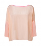 Modern and contemporary with chic tonal pastel coloring, NY born and raised designer Jonathan Simkhais silk dolman sleeve top is a fun choice for dressing up day and evening looks alike - Wide neckline with pink trim, 3/4 length dolman sleeves with pink turn-up cuffs - Loose, boxy fit - Wear with favorite skinnies and flats