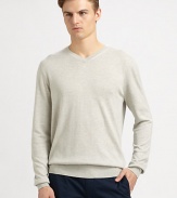 A touch of cashmere lends luxurious softness to this fine-knit pullover.V necklineLong sleevesRib-knit cuffs and hemAbout 30 from shoulder to hemSilk/cotton/cashmereHand washImported