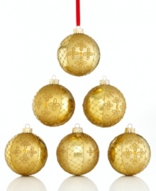 Forever festive, these timeless ball ornaments are crisscrossed with glitter and streaked in matte and shiny gold to deck your tree year after year. (Clearance)