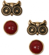 Sassy studs. Lucky Brand's stud earring set features a cheeky owl head and a semi-precious reconstituted calcite stone. Crafted in gold tone mixed metal. Approximate diameter: 1 inch.