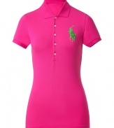 Detailed in breathable cotton stretch mesh, Ralph Laurens big pony polo is a cool modern take on this iconic style - Small collar, button placket, short sleeves, oversized shiny green embroidered polo player at chest, slit sides, high-low hemline - Slim fit - Wear with your favorite jeans and just as bright loafers