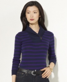 Lauren Ralph Lauren's soft cotton jersey petite pullover is made complete with breezy stripes, a heritage shawl collar and chic zip-up detailing.