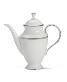 Metropolitan sensibility and modern design combine in this understated white bone china coffee pot from Lenox's collection of dinnerware and dishes. Platinum gild along the edge is enhanced by a clean, platinum geometric pattern reminiscent of architectural accents. Qualifies for Rebate