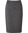 Glam-up your office look with this stylish pencil skirt - Designed in black and silver acrylic-wool mix with a slight gloss - Slim cut falls just above the knee for a classic look - Features concealed back zip, darts at waist and back slit - Pair with chic silk blouse and heels