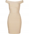 Luxe cocktail dress in a superb ivory nylon and rayon stretch blend - A sexy, standout classic from bandage dress maestro Herv? L?ger - The cult labels secret? Narrow strips of stretch fabric that expertly cling to every curve, creating an ultra-flattering silhouette - Elegant off the shoulder cut compliments sleeveless bustier top  Short, fitted skirt hits above the knee - A sleek, sophisticated must for special occasions - Style with high heels and a clutch