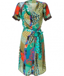 Fun, carefree dress in green patterned synthetic fiber and silk blend - Soft, flattering fit - Waterfall neckline, short sleeves and belted waist - Knee-length skirt - Lighthearted mix of patterns - Summery, chic attitude - Pair with platform wedges