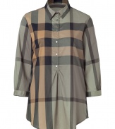 Showcase your love for the classic check print with this feminine button down from Burberry Brit - Spread collar, three-quarter sleeves, front button half placket, gathered detail at bodice, curved hem, relaxed fit - Style with skinny jeans, a blazer, and ballet flats