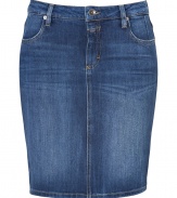 With its cool washed denim and casual styling, Closeds jean pencil skirt is both flattering and easy-to-wear - Four pocket style, zip fly, button closure, belt loops, kick pleat - Form-fitting - Wear with a chunky knit pullover, flats and a leather carryall tote