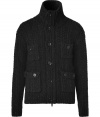 Detailed with a stand-up collar for a chic modern feel, Burberry Brits chunky knit flecked black cardigan is a cool choice for taking your look into the next season in style - Stand-up collar, long sleeves, ribbed trim, two-way front zip, button panel, buttoned patch pockets - Slim fit - Wear as a coat with tees and jeans, or indoors in winter over button-downs with tailored trousers