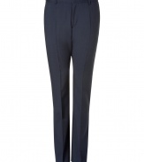 Classic pants (Heise model) in fine navy virgin wool with elegant pin stripes - New: slightly lower, more casual rise - Modern slim fit with slanted pockets - The creases make a particularly slim silhouette - Lightweight, high quality workmanship, comfortable - A favorite pair of pants you can wear for a lifetime - Brilliant for numerous occasions from casual to festive - Style: put with a dress shirt, cashmere pullover, cool shirt and/or jacket