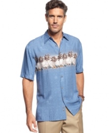 Bring the tropical to you with this refreshing palm-tree print shirt from Campia Moda.