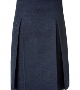 Elegant skirt made ​.​.from a fine, navy blue cotton blend - Stylish textured pattern - Fashionable alternative to a classic business skirt, wear in office, agency - Slim, about knee-length cut, with box pleats which spring up slightly when you walk - Can be paired with slim blouses and shirts, blazers, twin sets and pumps, mules