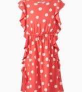 Perfect style. This light and soft polka dot-print dress from DKNY will be sure to get her spotted.