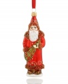 Gilded in a Gaelic sash of red and green, this glass ornament from Vaillancourt offers a historic take on the lovable gift-giving Santa Clause of present day. Delicately crafted with beaded and sparkling details for a brilliant addition to any Christmas tree.