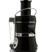 Make fresh, healthy juice in just seconds with Jack La Lanne's Power Juicer. The special patented extraction technology ensures you'll get every bit of juice out of your fruit. The extra-large round feeder allows you to stuff even big fruits into the juicer. Includes a super-sized pulp collector and a stainless-steel blade. Dishwasher safe. Whisper-quiet operation. 3600 RPM Motor has lifetime guarantee. Entire item has limited warranty. Model #JLPJ-B.