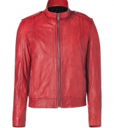 Inject eye-catching style into your modern outerwear collection with Hugos bright red leather jacket - Stand-up collar, long sleeves, metal front zip, snapped epaulettes, zippered slit pockets, quilted trim - Contemporary short slim fit - Team with modern knits, slim cut trousers and leather boots