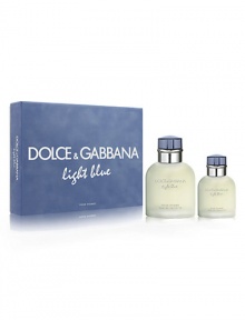 Dolce & Gabbana Light Blue Pour Homme is a tribute to the sea and sensuality of the Mediterranean - a destination that is the perfect playground for seduction. Experience the essence of an Italian summer with top notes of juniper, bergamot, frozen grapefruit and Sicilian mandarin. The heart captures the radiance of living with Sichuan pepper, rosemary and rosewood. It embraces a masculine base of incense, muskwood and oak. Set contains 4.2 oz. Eau de Toilette and 1.3 oz. Eau de Toilette.