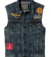 Rev up your wardrobe. Break out into biker gear with this edgy denim vest from Ring of Fire.