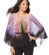 Flowing chiffon and a bold print create a unique combination! Sunny Leigh's blouse puts an airy, ethereal spin on this season's poncho trend!