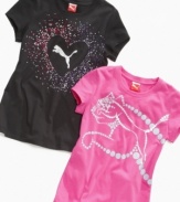 Make her look sweet and streamlined, these Puma logo graphic tees give her style on the go.